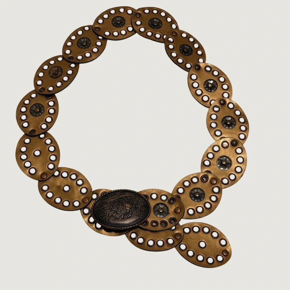 Western Concho Belt Horse Buckle Bronze Gold Grommet Boho Cowgirl Statement